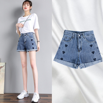 Love denim shorts womens summer 2021 new thin high waist thin outer puncture embroidered wide leg pants hot pants