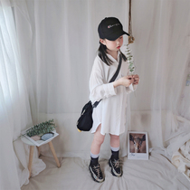Childrens shirt Summer girls casual oversize white shirt Korean version of the baby in the long section of the hanging sunscreen shirt