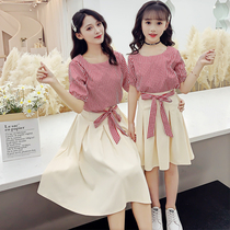  Parent-child summer plaid skirt suit Summer short-sleeved Korean mother-daughter two-piece Western style little girl skirt