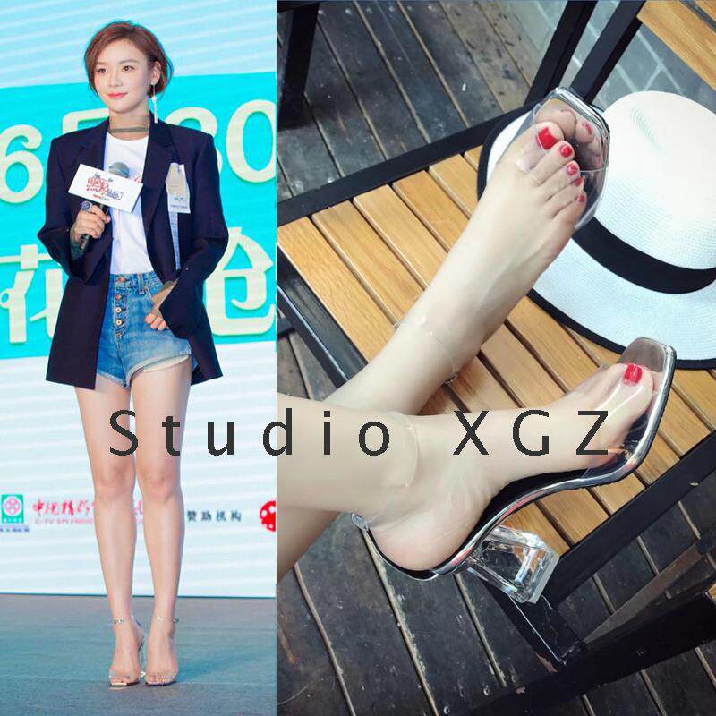 袁姗姗同款2020夏季透明高跟鱼嘴凉鞋性感一字带露趾粗跟水晶鞋女