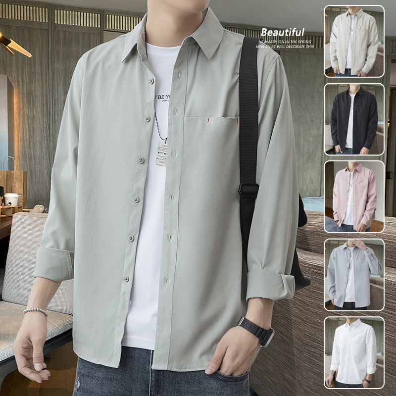 Shirt men's jacket thin summer Korean version trend versatile solid color top youth spring and autumn long sleeved outerwear inch shirt