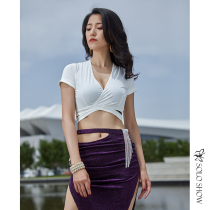 Gorgeous and unique belly dance beginner training clothes short sleeve deep V coat half-length triangle skirt suit women dance clothes