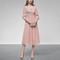  Fisistli pink chiffon long skirt temperament sexy long-sleeved waist mid-length dress womens autumn 2021
