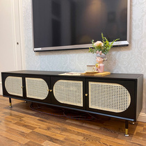 Home Nordic solid wood rattan TV cabinet Retro light luxury small apartment living room floor cabinet TV cabinet Small red book