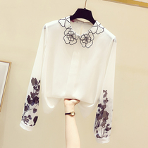 Chiffon shirt womens early autumn 2021 new Korean version casual printing contrast color long sleeve design niche top