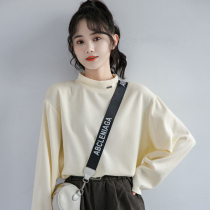 2021 autumn and winter New apricot color semi-high collar base shirt female loose Korean version of inner long sleeve T-shirt jacket Korean tide