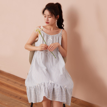 Summer new baby cotton yarn harness Sleeping Skirt Woman Pure Cotton Plaid Day pyjamas Skin Clot in Skin Cotton Medium Long