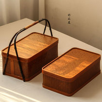  Bamboo woven retro food box Handmade gift box Tea set Tea ceremony storage box Snack moon cake box Antique Chinese basket made of bamboo