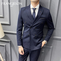 Double-breasted suit mens suit striped business casual suit three-piece slim groom wedding dress formal dress