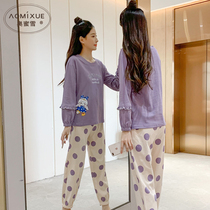 Pajamas female cotton spring and autumn 2021 New cute cartoon long sleeve set polka dot student home clothes can be worn outside