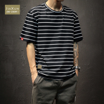 Striped Short Sleeve T-shirt Men Summer Port Wind Trendy Round Collar Big Code Fat Sub Casual Loose Tide Card Half Sleeve Compassion