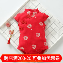  Baby one-piece clothes summer clothes Chinese style catch Zhou red triangle romper Female baby year-old cheongsam full moon clothes autumn