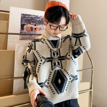 Boys sweater pullover 2021 new mid-big children autumn winter 12-year-old children Winter 15 boys Tide plus velvet thickened