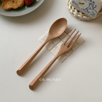 OK honey * Korea ins simple log wind triangle wood handle fork eating spoon tableware retro style