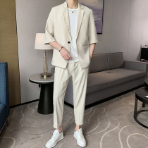 Summer thin three-point sleeve small suit suit for boys high-grade drape suit trend ruffian handsome casual set