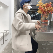 High-grade woolen coat mens trend spring and autumn hooded woolen trench coat long Korean version of loose tweed coat autumn