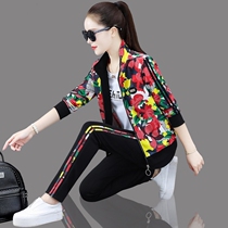 Hong Kong printed sweater suit womens spring and autumn three-piece set 2021 new large size Western style leisure sports long-sleeved