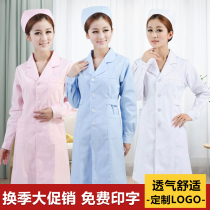 Suit collar long sleeve spring and summer nurse clothes white powder blue overalls short sleeve white coat pharmacy beauty salon uniform women