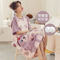 Sleeping Skirt Woman Summer With Chest Cushion Pure Cotton Short Sleeve Mid-Length Cute Fat Sister Big Code 200 Catcan External Wearing Home Clothing