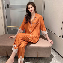  Socialite temperament fan ~ Lace striped design pajamas summer ice silk short-sleeved trousers home service two-piece set