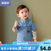 Baby denim stitching shirt Autumn baby handsome shirt Boys autumn tops Childrens new clothes spring and autumn