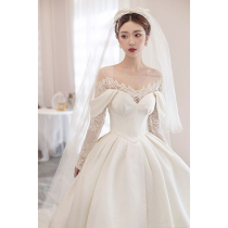 Satin main wedding dress 2021 New temperament bride small man long sleeve court style retro big tailed premium winter