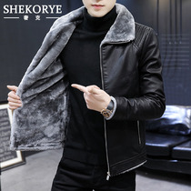 Mens leather clothing autumn and winter Korean slim trend Lamb hair leather jacket plus velvet thick warm handsome coat