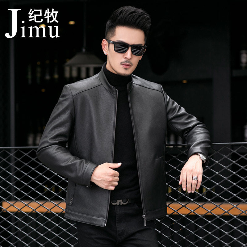 Ji animal husbandry 2020 high-grade deerskin leather leather mens short stand collar leather jacket Haining business casual jacket mens