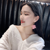 925 Silver Needle Mori Super Fairy pink flower earrings Korean temperament long earrings Net red exaggerated earrings earrings