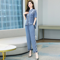 Tencel Cowboy Suit Womens Summer 2022 Summer Dress New Womens Fashion Reduced-Age Temperament Checkered Two Cover Belly
