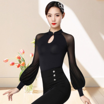 Dambao Roo New Morden Dance Blouse Womens Adult High Collar Dancing Clothes Black Long Sleeves Ballroom Dancing Latin Practicing Costume