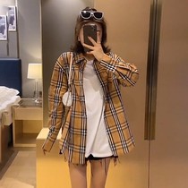 Korean version of medium and long plaid shirt womens summer thin coat temperament British style shirt ins tide