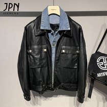 Jepna motorcycle leather clothing mens spring and autumn 2021 new denim stitching handsome pu leather jacket fashion jacket