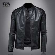 Leather jacket mens trendy handsome British style large size plus velvet spring and autumn retro stand collar casual motorcycle leather jacket men