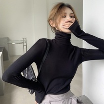 Black semi-high collar pure cotton long sleeve t-shirt womens undershirt with a small shirt design and a small crowd of early spring blouses