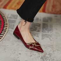 French retro spring shallow mouth pointed metal buckle single shoes womens flat stone pattern pedal gentle scoop shoes wine red