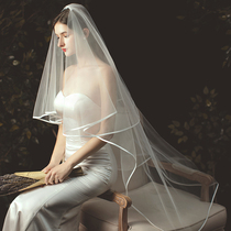 Edge double-layer satin side covering the long-term simple bridal veil white wedding wedding dress Tour veil veil
