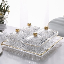 Light luxury four-grid snacks dried fruit plate with lid Glass Candy plate creative home living room large fruit plate holder