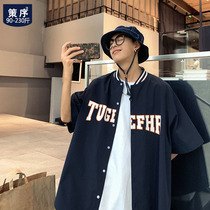 Hip-hop short-sleeved shirt Mens summer thin five-point sleeve sports baseball suit Hong Kong fashion trend large size shirt