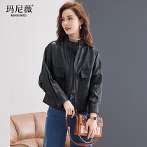 Leather jacket women short leather leather 2021 New Black Spring and Autumn fashion bat sleeve collar jacket