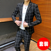 Korean slim plaid suit suit suit mens trend handsome small suit jacket mens youth casual suit