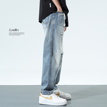 Spring Breaking Hole Jeans Men Loose big code Harlan pants trendy casual American retro washed straight tube long pants