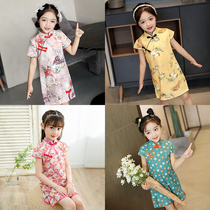 Trend Bala Girls Chinese ethnic style printed cheongsam summer thin section small children cotton Tang dress