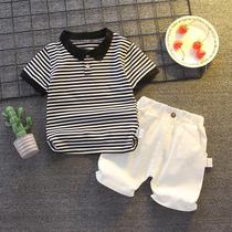 Boys summer clothing suit 2022 Summer new boy baby boy fashion short sleeve striped polo shirt two sets damp