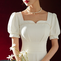 Small white evening dress skirt can usually be worn summer banquet light dress French dress Satin engagement card