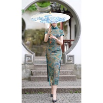 Daily improvement cheongsam skirt womens summer 2021 new retro long style Shanghai socialite catwalk mom Republic of China style