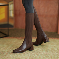  Non-falling tube leather socks long boots womens 2021 new high-knee stretch knitted mid-tube boots high-tube thin boots