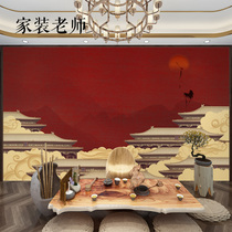  New Chinese background wall paper Forbidden City red wallpaper Classical red crane living room TV wall cloth Forbidden City mural