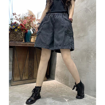 Washed large pocket denim shorts womens summer thin high waist thin 2021 new loose a word wide foot hot pants