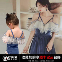 Parent-child swimsuit female mother and daughter new conservative belly cover thin steel support gathered childrens one-piece hot spring girls sexy